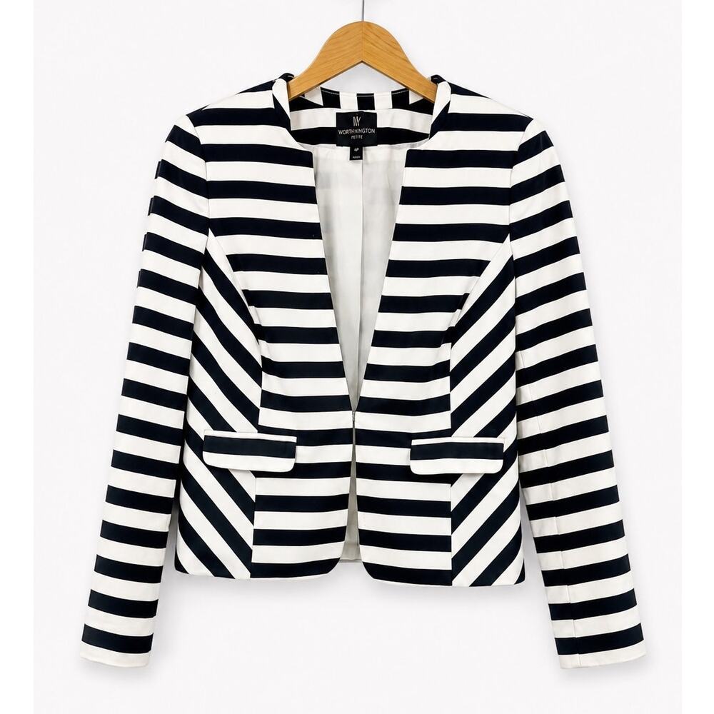 Worthington Petite Stripe Blazer Black White Collarless Open Jacket Size 4P
